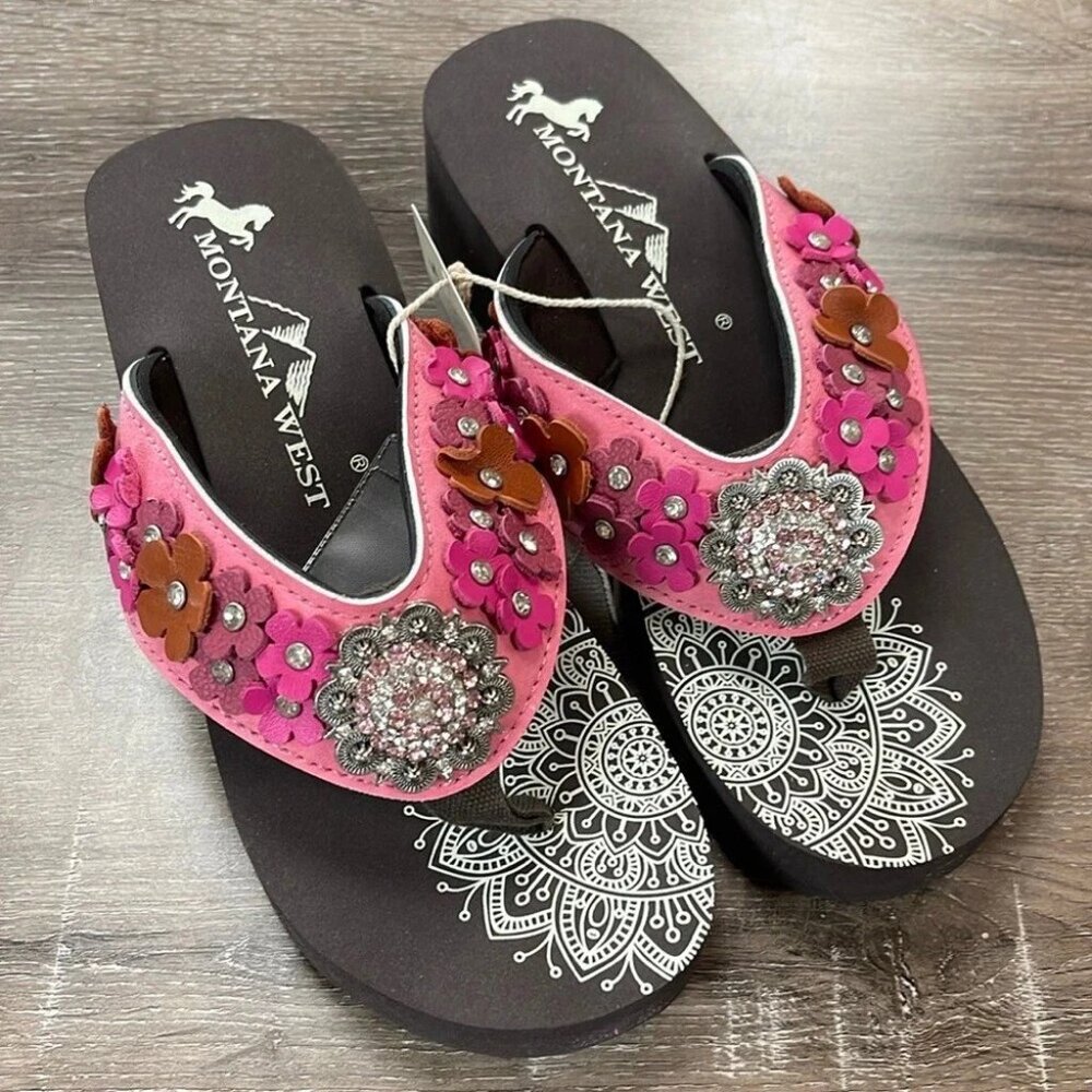 Montana West Flip Flops Pink Flower Wedge Summer Sandals Women's Shoes NEW